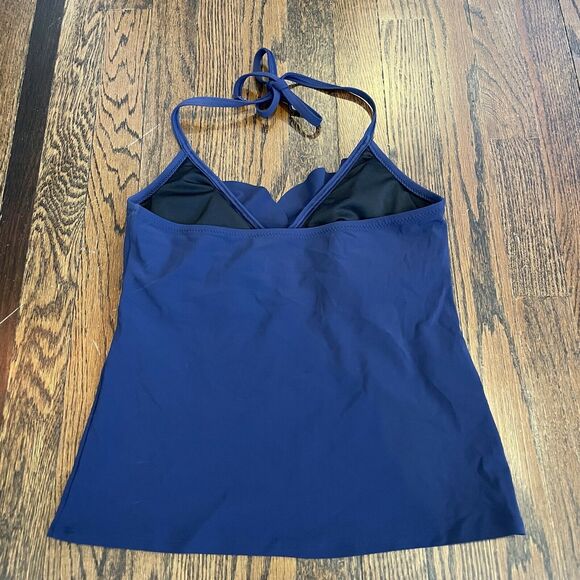 Lands End Solid Navy Blue Halter Tankini Ruffled Swimsuit Top Size 4 - Picture 2 of 5